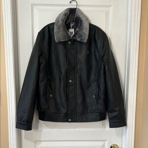 FERRARI COLLECTIONMens  NWT Black Faux Leather Jacket Gray Fur Collar size m